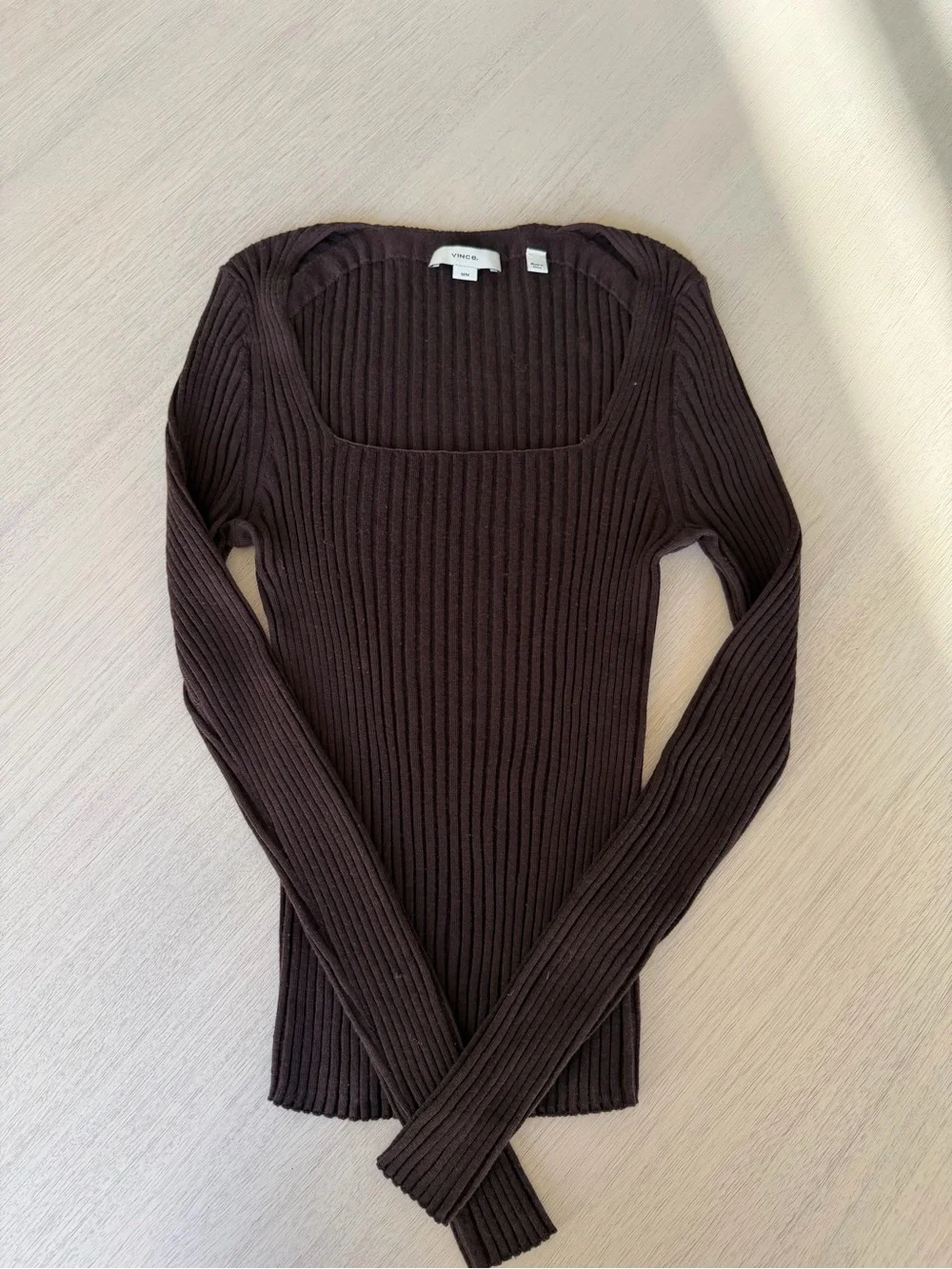 Vince |  Ribbed Square-Neck Long Sleeve Top | Brown | Size: M